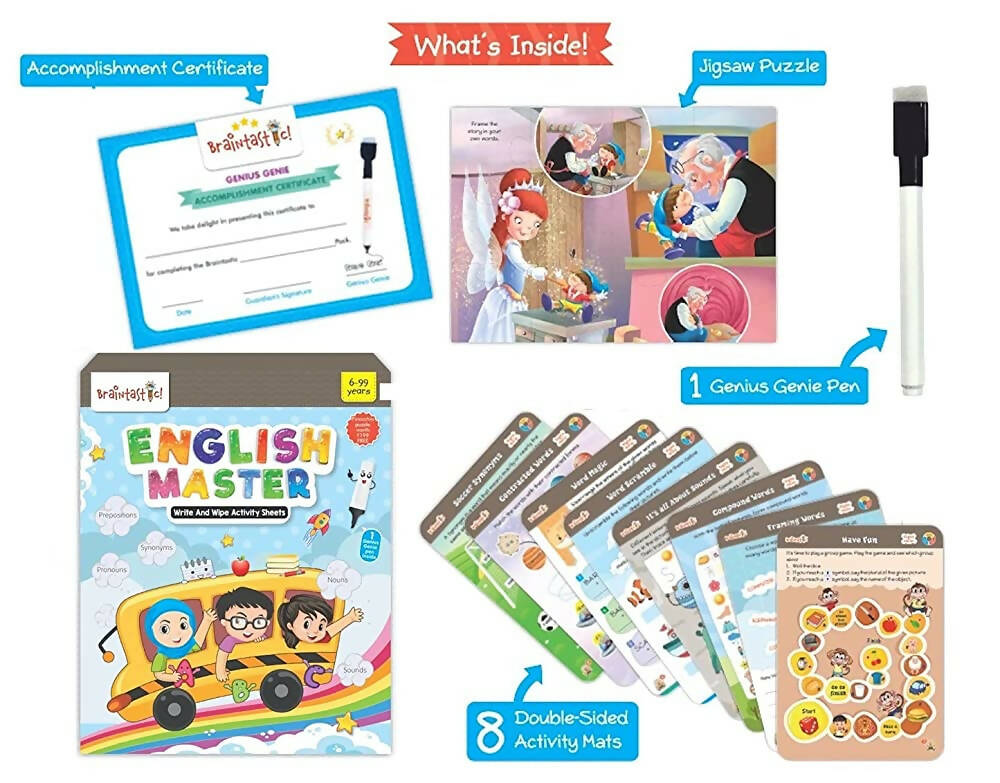 Braintastic Educational Game: English Master (6-99 Years) / Write & Wipe Reusable Activity Sheets/Kids Toy/ Free Puzzle