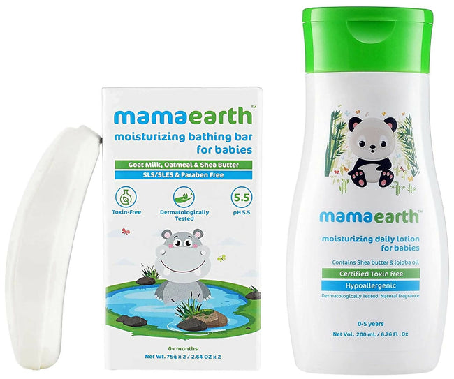 Mamaearth Moisturizing Baby Bathing Soap Bars & Daily Moisturizing Lotion Hover Image