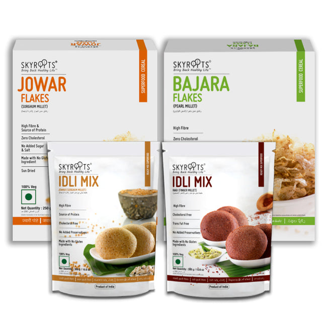 Skyroots Jowar Flakes + Bajara Flakes + Ragi Idli Mix + Jowar Idli Mix Combo Pack Hover Image