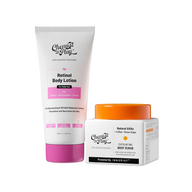 Chemist At Play Retinol Anti-Aging Body Lotion + Exfoliating Body Scrub Combo Hover Image