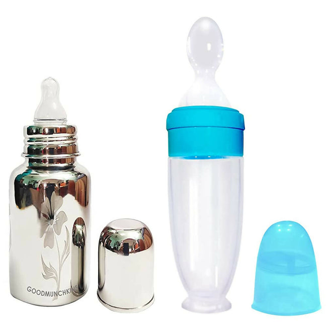 Goodmunchkins Stainless Steel Feeding Bottle With Spoon Food Feeder for Baby Anti Colic Silicon Nipple Feeder 220 ml Combo Pack-Blue Hover Image
