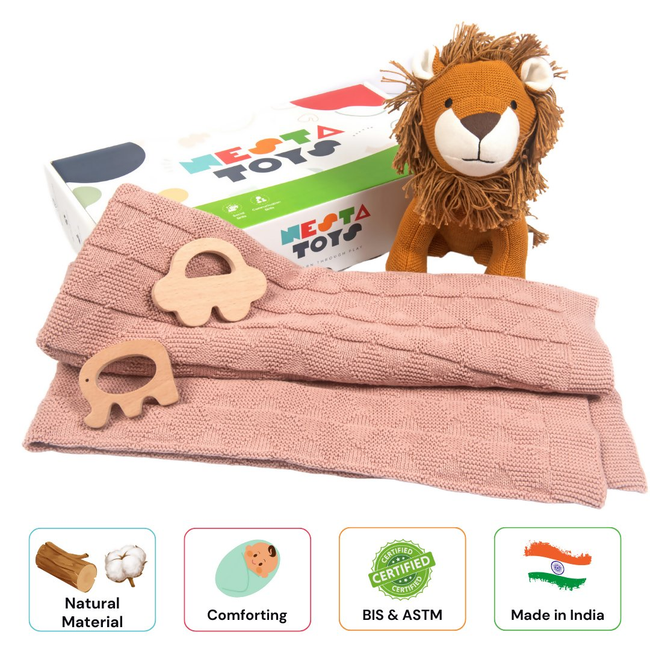 Nesta Toys Newborn Gift Set - Knitted Cotton Blanket, Lion Plush Toy, Elephant & Car Teether Main Image