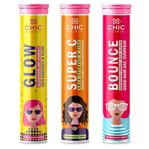 Chicnutrix Glow + Super C + Bounce Effervescent Tablets Combo - Vitamin C with Skin Care and Hairfall Control Bundle Hover Image