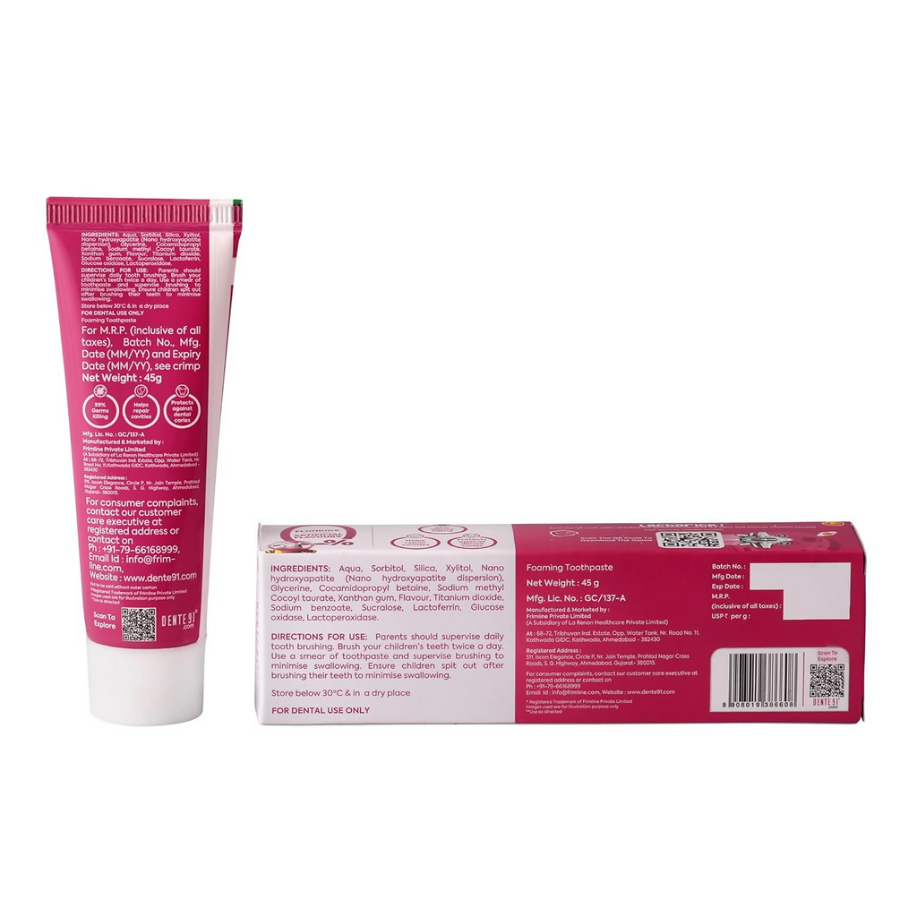 Dente91 Kids Toothpaste Protects Against Dental Caries & Hypersensitivity Fluoride Free Strawberry Flavour