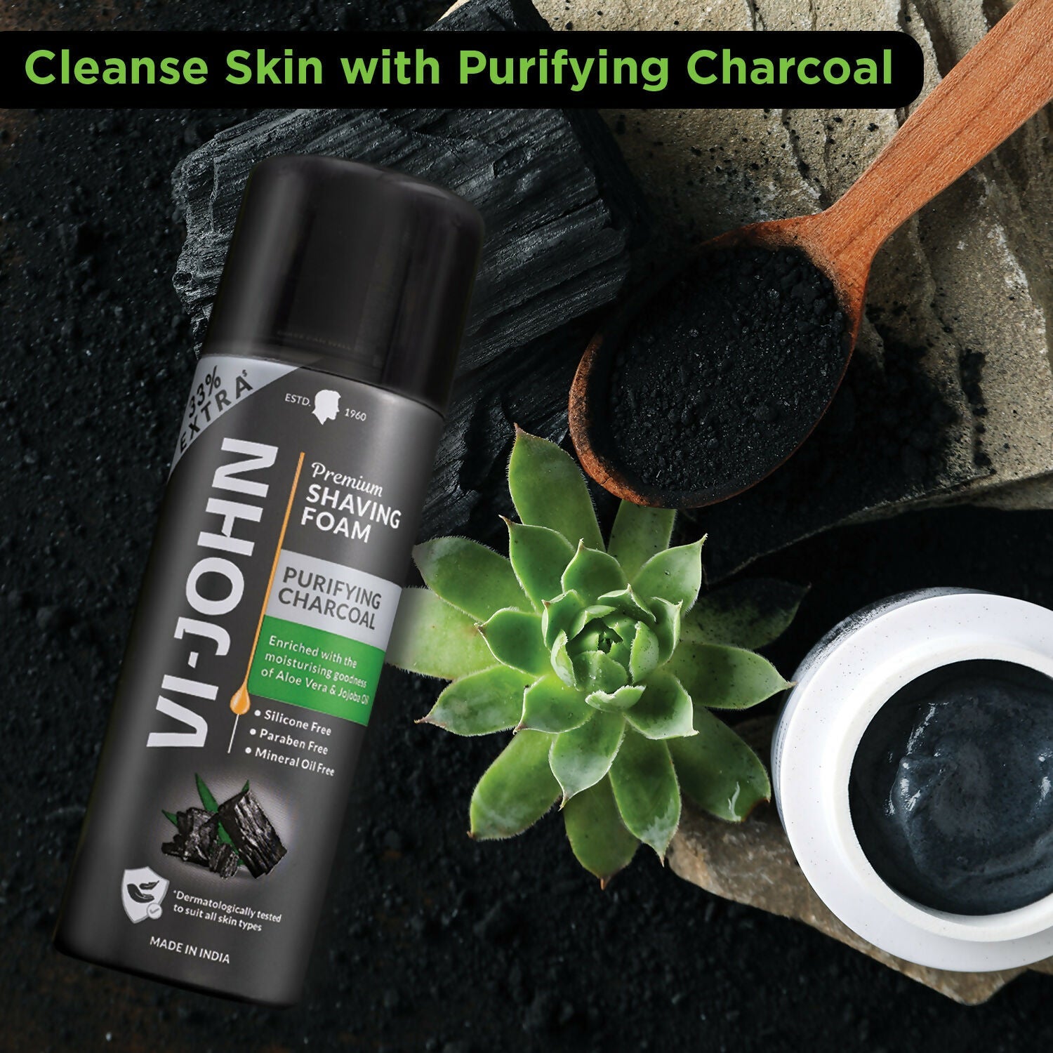 VI-JOHN Dermatologically Tested Premium Purifying Charcoal Shaving Foam Enriched with Aloevera & Jojoba Oil Free From Silicone, Paraben & Mineral Oil