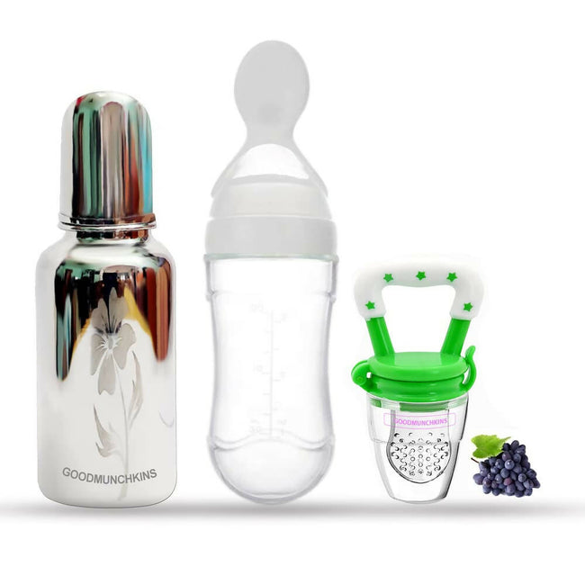 Goodmunchkins Stainless Steel Feeding Bottle, Food Feeder & Fruit Feeder Combo for Baby-(White-Green, 220ml) Hover Image