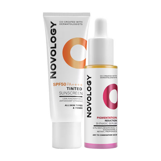 Novology Bi-Phasic Hyper Pigmentation Serum + SPF 50 PA++++ Tinted Sunscreen Combo Hover Image