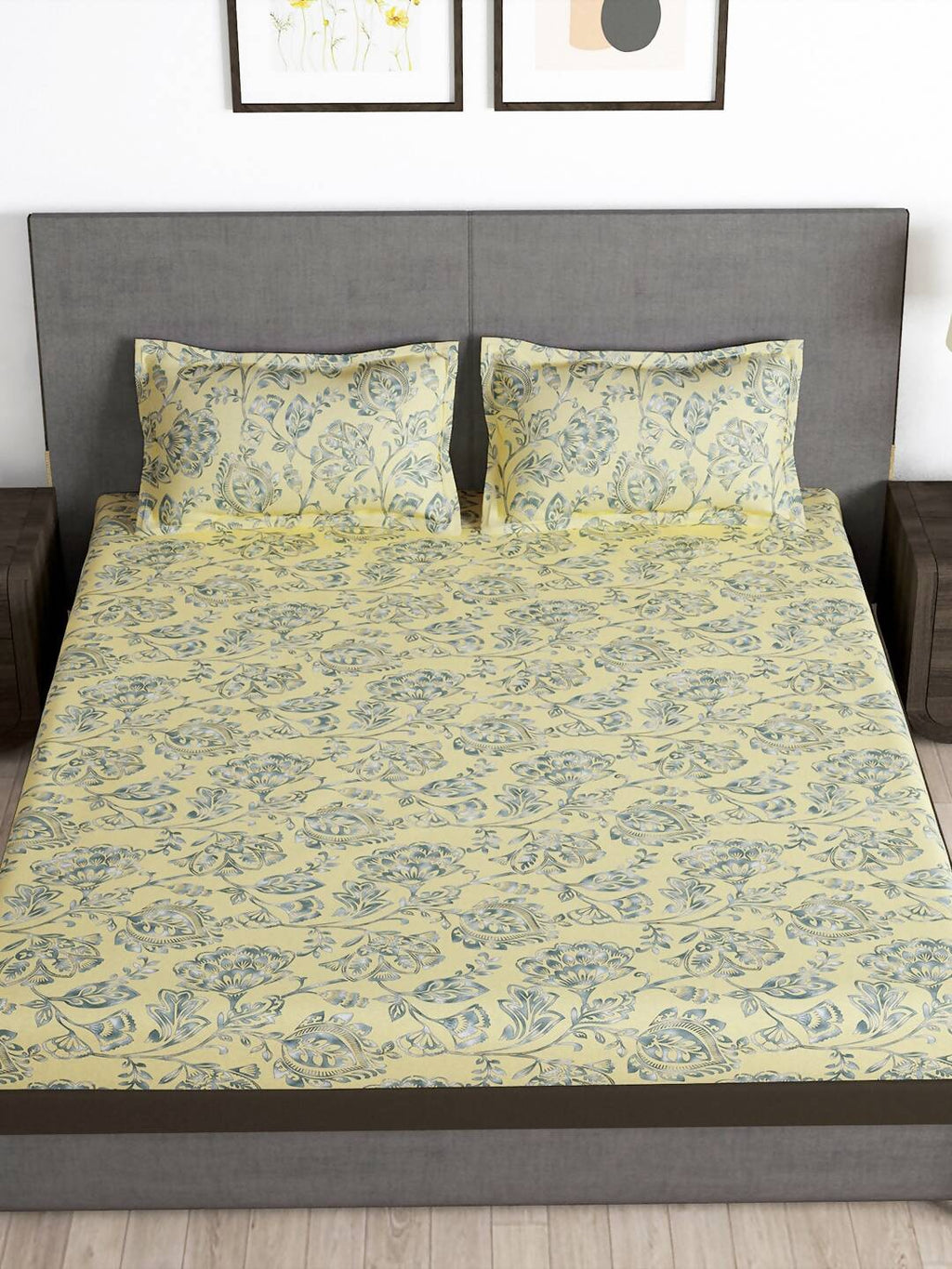 Story@home Cream-Coloured & Grey Floral Microfiber 180 TC Bedsheet & Pillow Cover