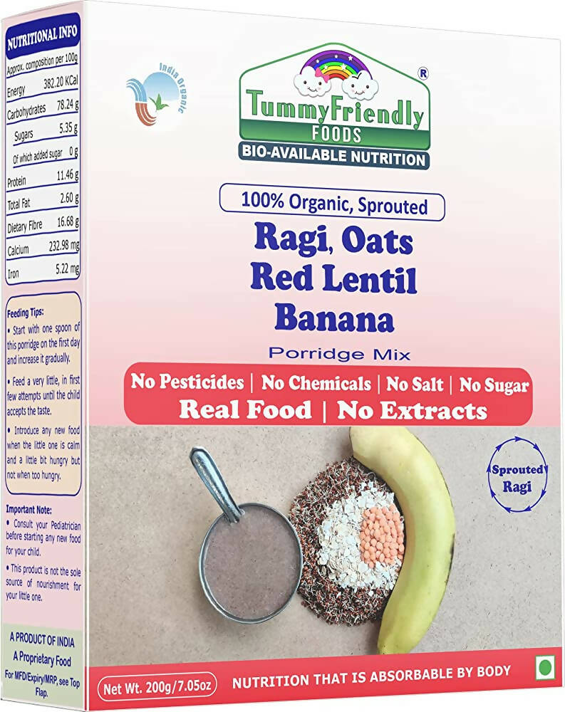 TummyFriendly Foods Organic Sprouted Ragi, Oats, Red Lentil, Banana Porridge Mix