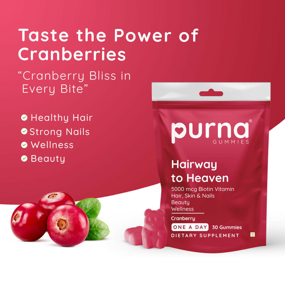 Purna Gummies Biotin Cranberry Flavour Gummies with Vitamin B 12 for Stronger Hair and Nails