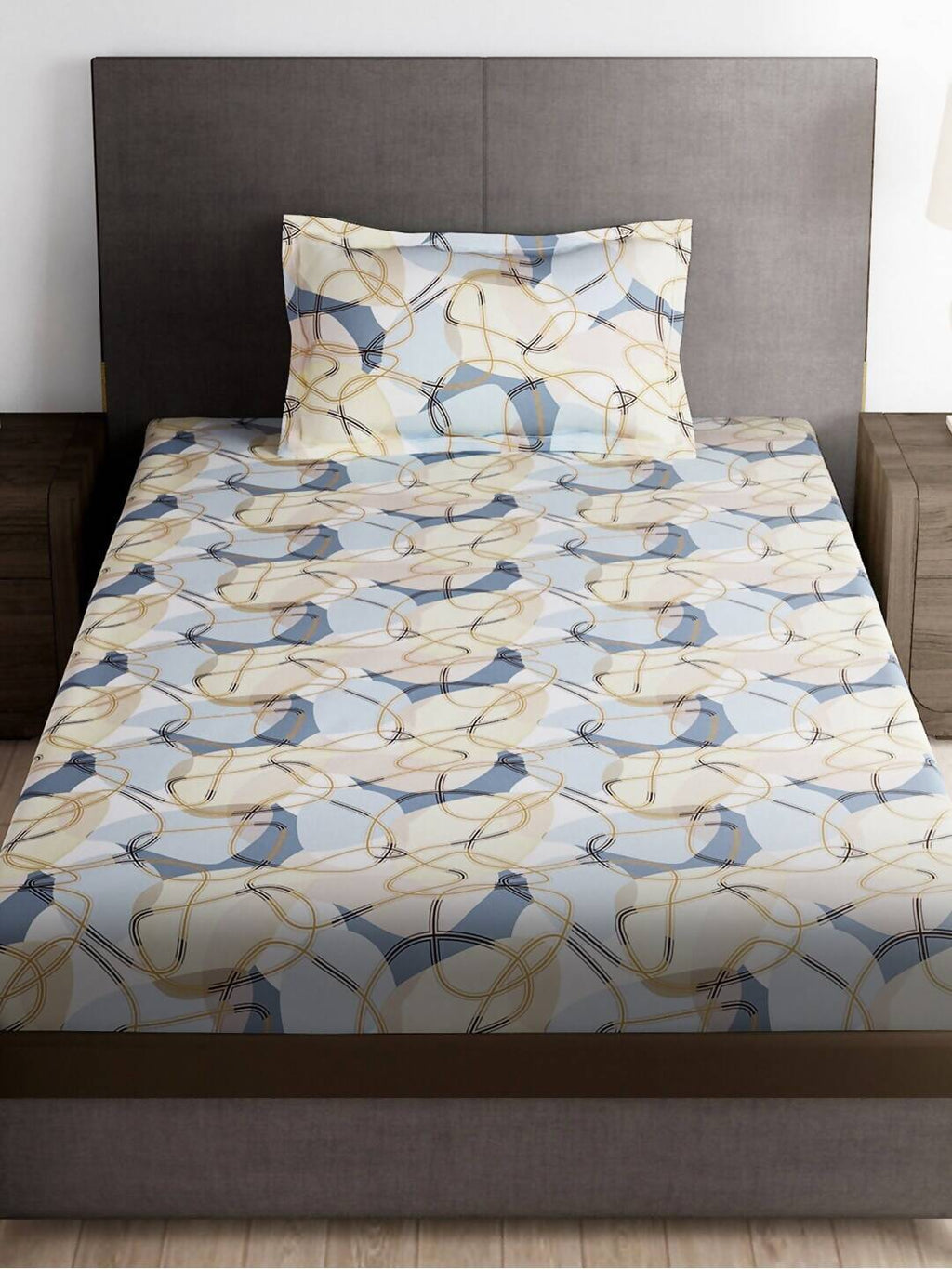 Story@home Arena Cream-Coloured & Grey Printed 180 TC Bedsheet & Pillow Covers