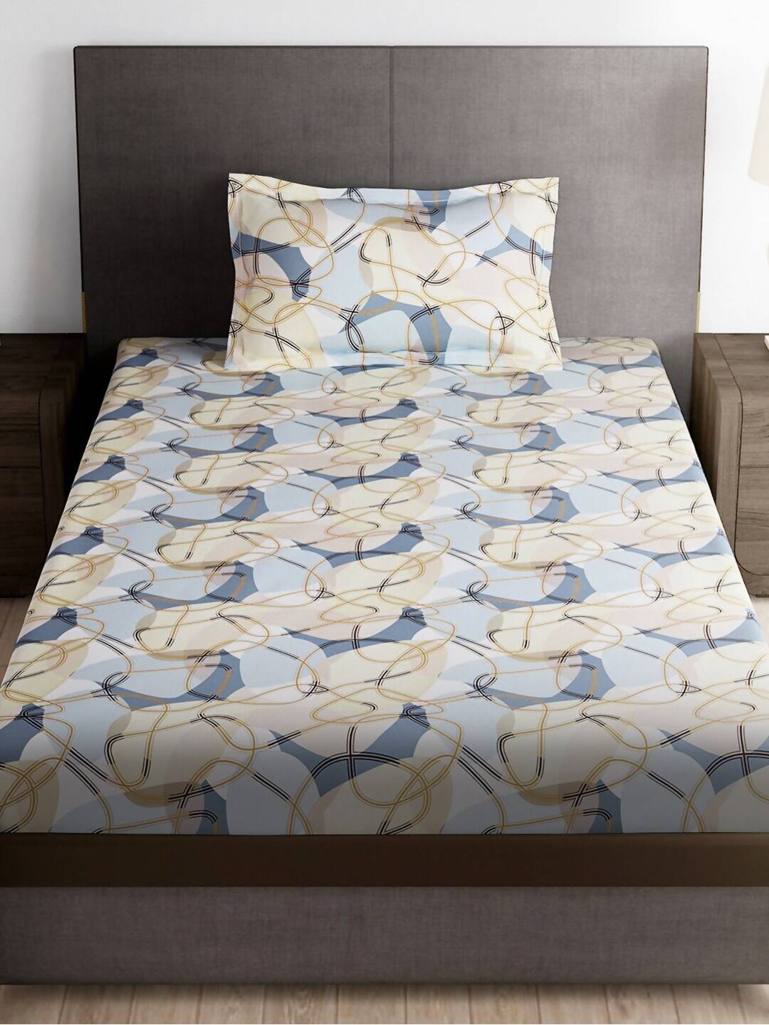 Story@home Arena Cream-Coloured & Grey Printed 180 TC Bedsheet & Pillow Covers