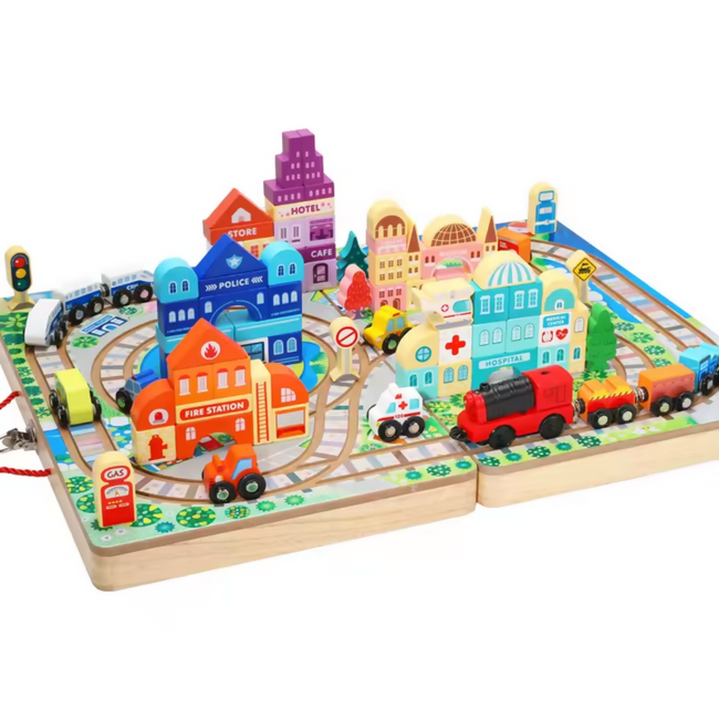 Nesta Toys Wooden Train Set with Building Blocks, Montessori Toys, City Building Toy, Cars & Vehicle Toys for Kids Hover Image