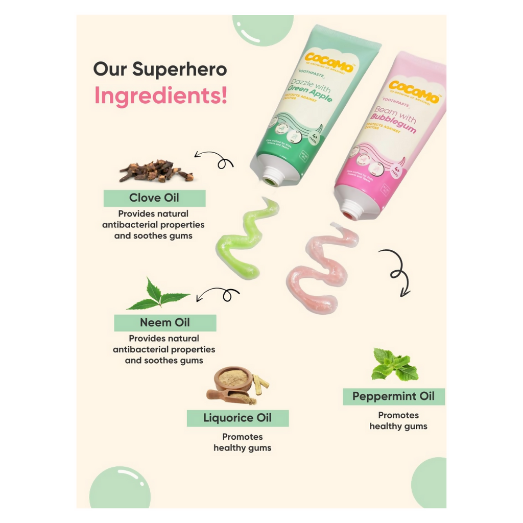 Cocomo Beam With Bubblegum And Dazzle With Green Apple Toothpaste For Kids Combo