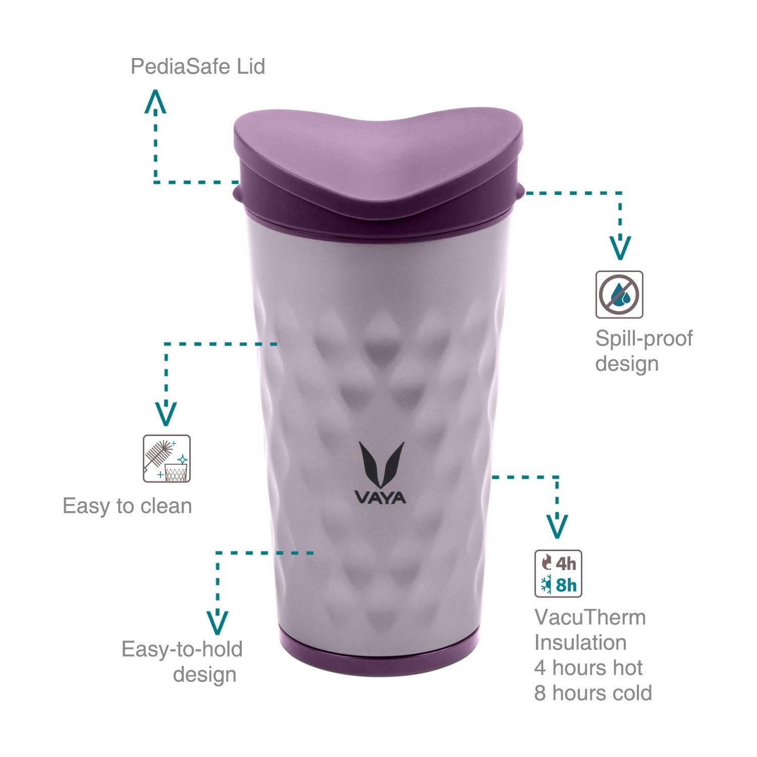 Vaya Drynk Stainless Steel Tumbler with Spill-Proof PediaSafe Lid - 350ml (Purple)