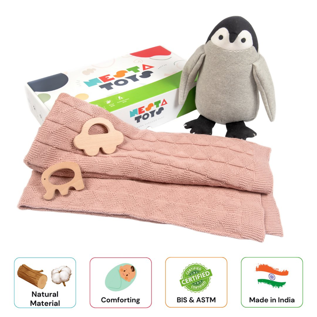 Nesta Toys Newborn Gift Set - Knitted Cotton Blanket, Penguin Plush Toy, Elephant & Car Teether Main Image