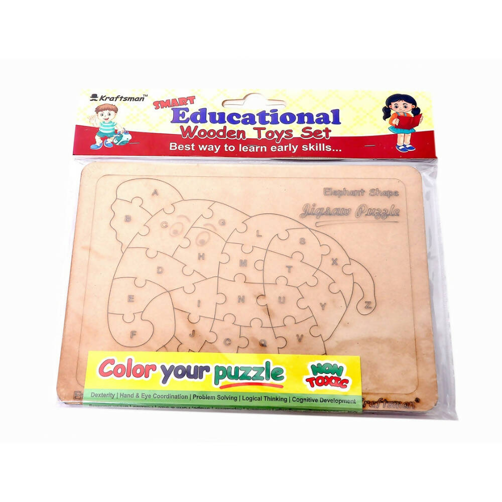 Kraftsman English Alphabets Wooden Jigsaw Puzzles Elephant Shape Puzzle | Color Kit Included
