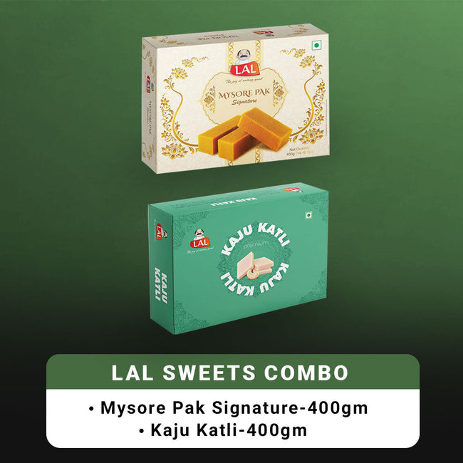 Lal Sweets Combo Pack - Mysore Pak Signature 400Gm And Kaju Katli 400 Gm Gift Pack | Desi Cow Ghee Indian Sweets | Mithai Box Hover Image