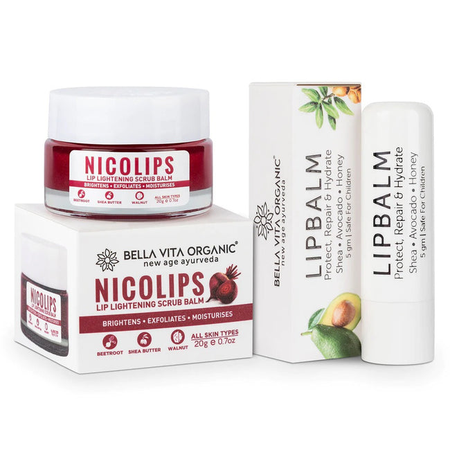 Bella Vita Organic Nico Lips Lip Scrub & Nico Balm Lip Balm Combo Hover Image