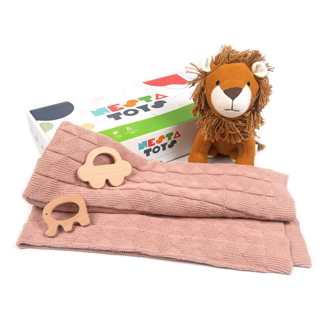 Nesta Toys Newborn Gift Set - Knitted Cotton Blanket, Lion Plush Toy, Elephant & Car Teether