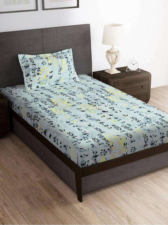 Story@home Arena Grey & Blue Floral Printed 180 TC Bedsheet & Pillow Covers Main Image