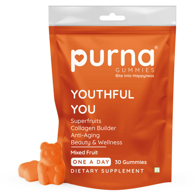 Purna Gummies Superfruits Collagen Mixed Fruit Flavour Gummies for Hair and Skin Hover Image