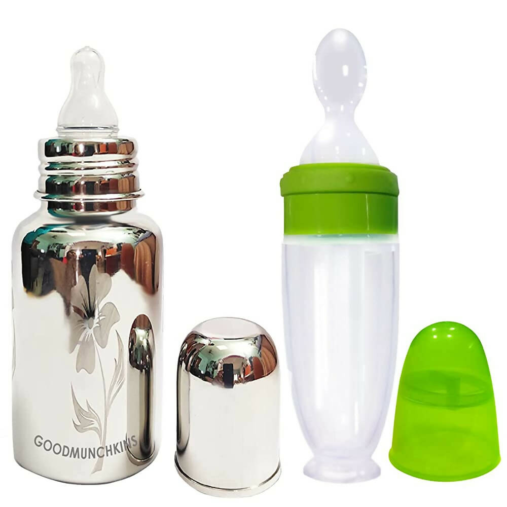 Goodmunchkins Stainless Steel Feeding Bottle with Spoon Food Feeder for Baby Anti Colic Silicon Nipple Feeder 220 ml Combo Pack-Green