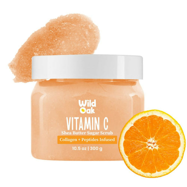Wild Oak Vitamin C Shea Butter Sugar Scrub with AHA, Vegan Collagen & Peptides For Tan Removal & Smooth Skin Hover Image