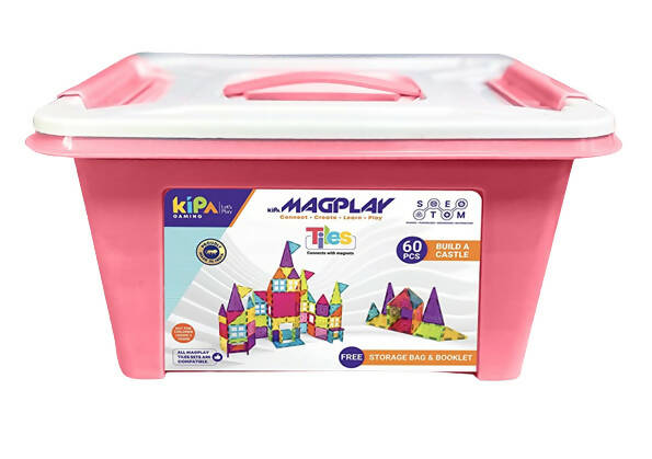 Kipa MagPlay Build A Castle 60 Pcs. Magnetic Tiles Set with Storage Container, Constructing and Creative Toy with Smart Outdoor BagPack for Kids