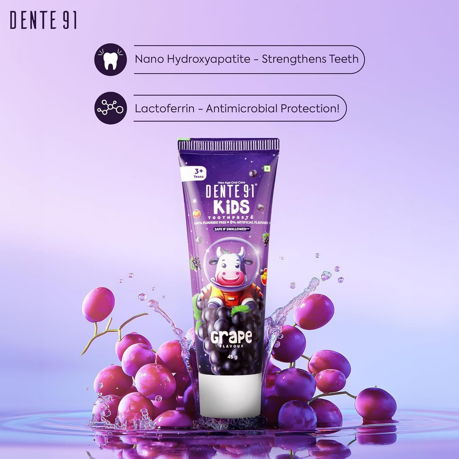 Dente91 Kids Toothpaste Protects Against Dental Caries & Hypersensitivity Fluoride Free Grape Flavour
