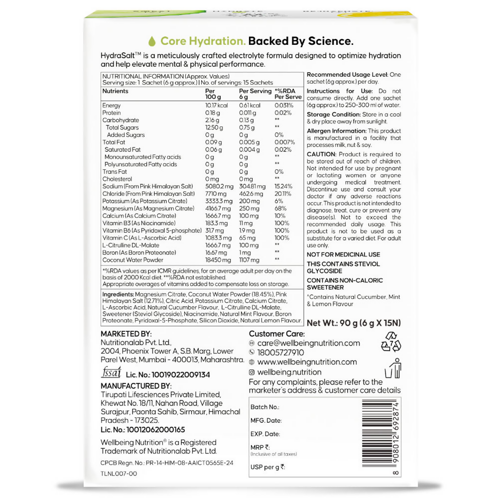 Wellbeing Nutrition Hydrasalt Electrolyte Drink Instant Hydration, Cucumber Lemonade