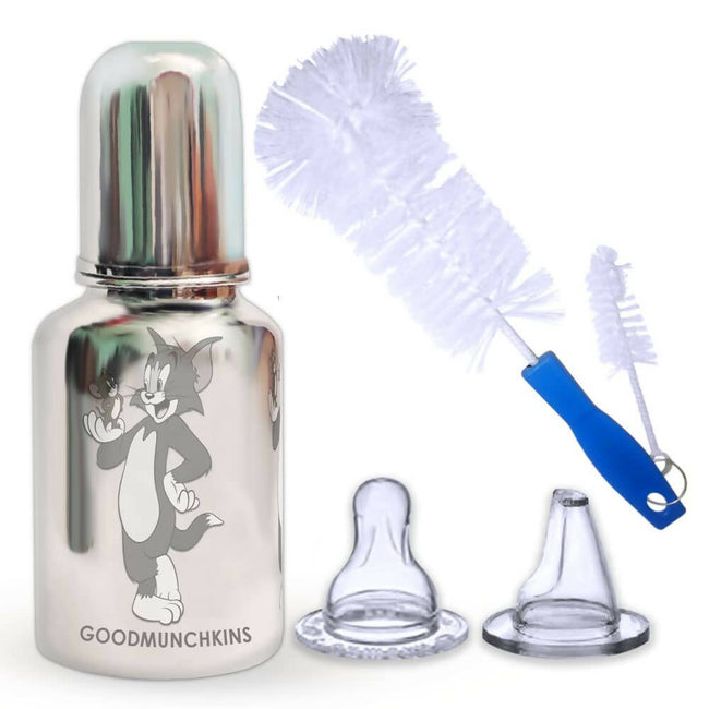Goodmunchkins Stainless Steel Feeding Bottle with Anti Colic Silicone Nipple/Bottle Cleaning Nylon Brush (300ml, Blue) Hover Image