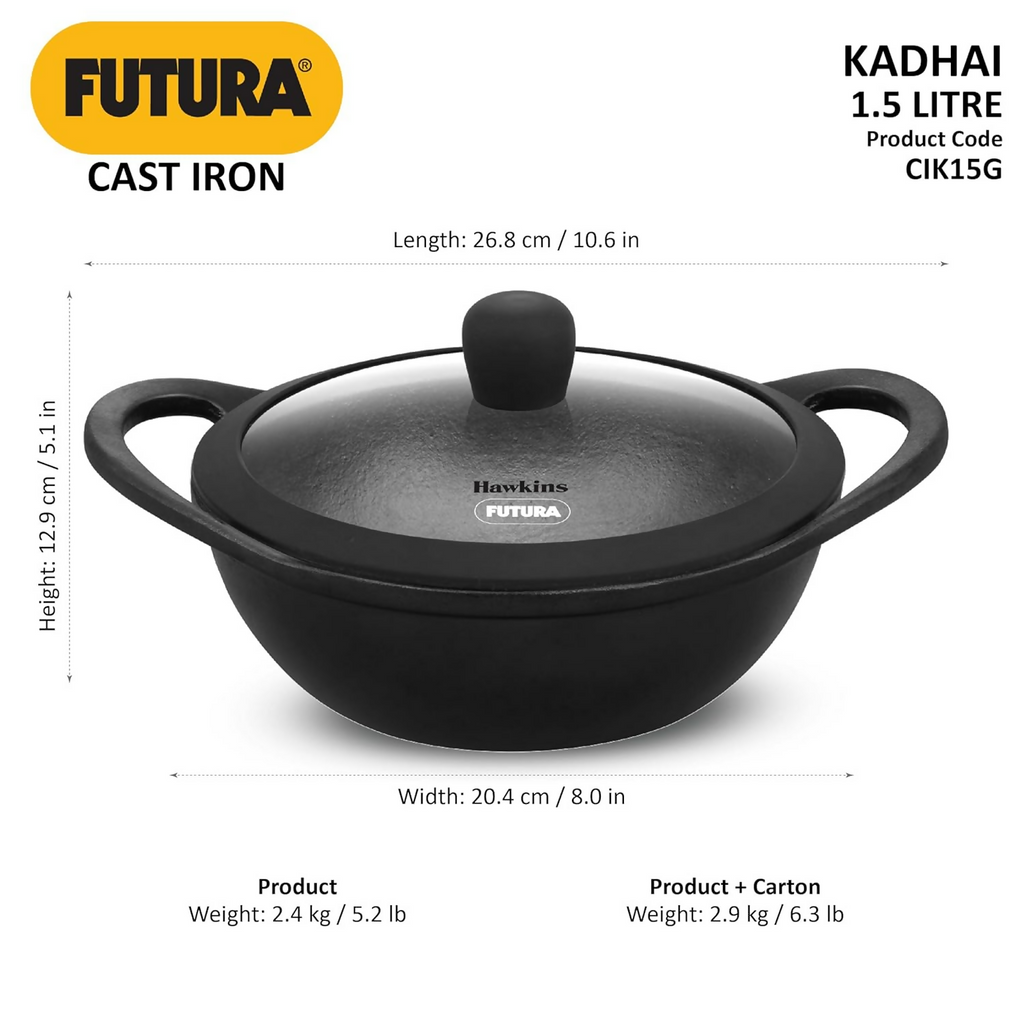 Hawkins Futura Cast Iron Nonstick Kadai with Glass Lid - Black (CIK15G)