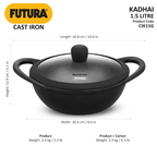 Hawkins Futura Cast Iron Nonstick Kadai with Glass Lid - Black (CIK15G)