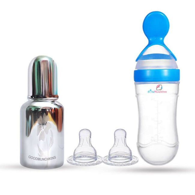 Goodmunchkins Stainless Steel Feeding Bottle & Spoon Food Feeder Anti Colic Silicone Nipple Combo-(Blue, 150ml) Hover Image