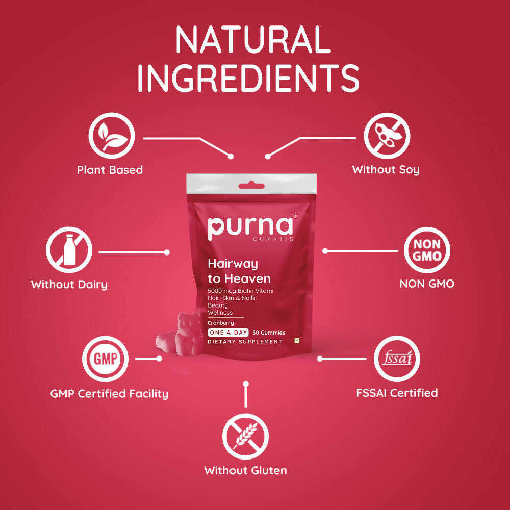 Purna Gummies Biotin Cranberry Flavour Gummies with Vitamin B 12 for Stronger Hair and Nails