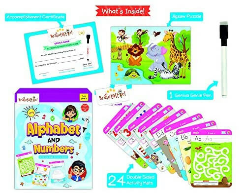 Braintastic Educational Game: Alphabet & Numbers(3-6 yrs)/Write & Wipe Activity Sheets/Kids Toys/34 pcs Free Puzzle