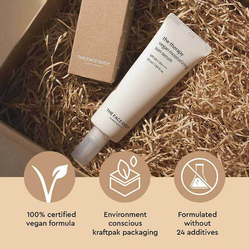 The Face Shop The Therapy Vegan Moisturizing Sun Serum SPF 50+ - Korean Skincare