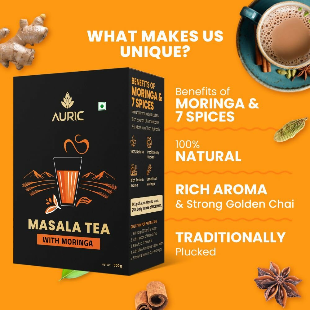 Auric Kadak Moringa Masala Tea - Black Tea from Assam & Darjeeling with Real Spices (Cardamom, Ginger, Black Pepper)