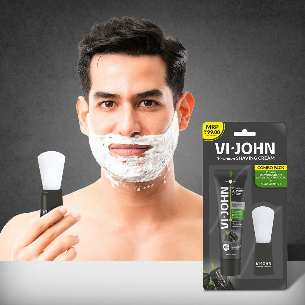 VI-JOHN Dermatologically Tested Premium Claming Aqua Shaving With Shaving Brush Cream Enriched with Aloevera & Almond Oil free From Silicone, Paraben & Mineral Oil
