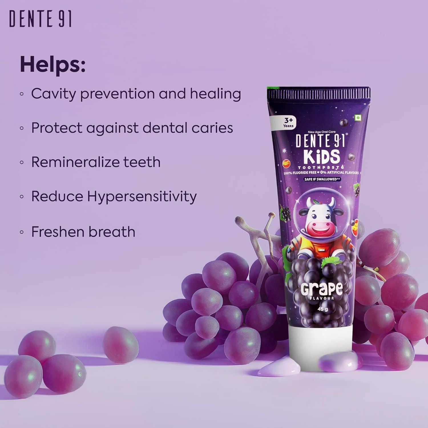 Dente91 Kids Toothpaste Protects Against Dental Caries & Hypersensitivity Fluoride Free Grape Flavour
