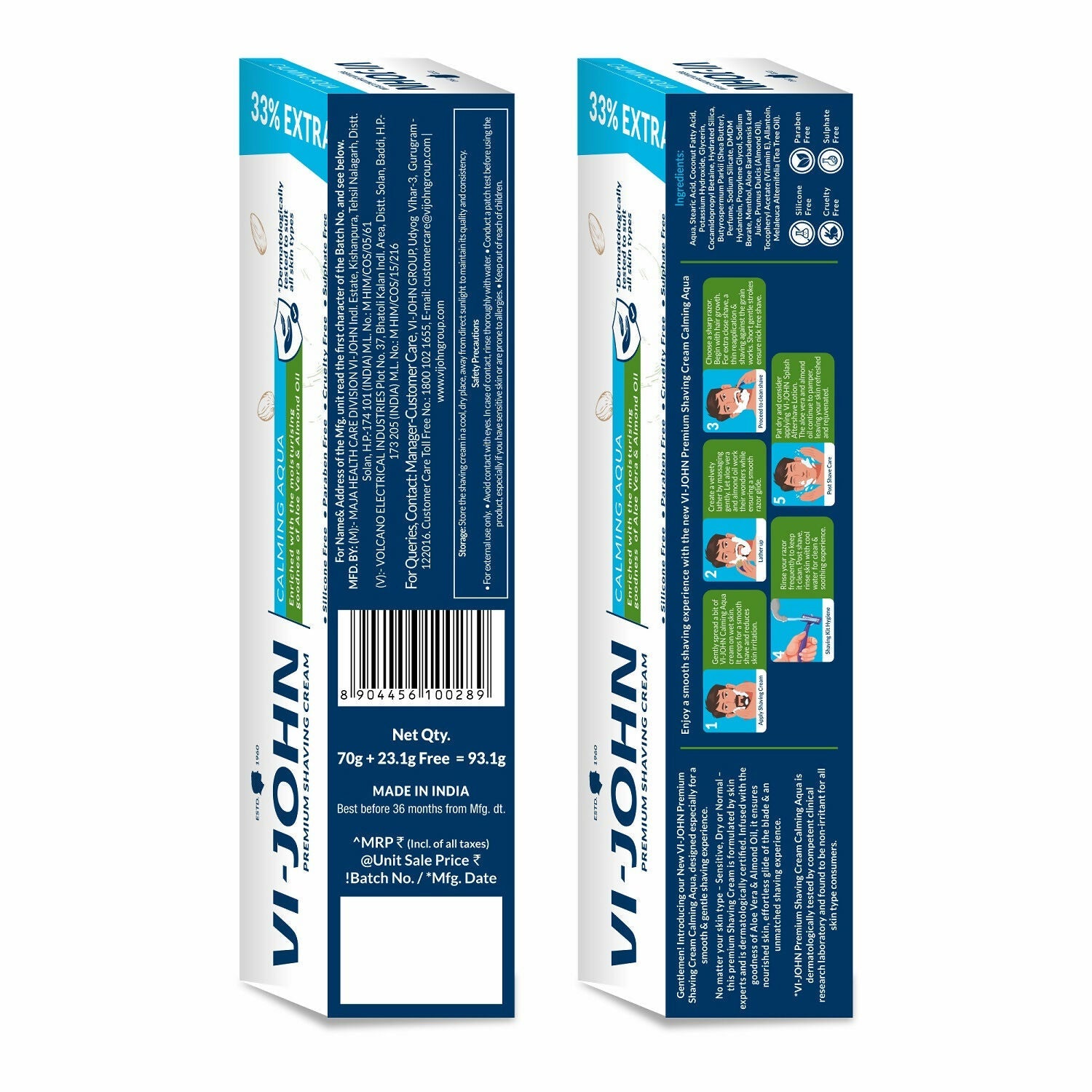 VI-JOHN Dermatologically Tested Premium Claming Aqua Shaving Cream Enriched with Aloevera & Almond Oil free From Silicone,Paraben & Mineral Oil