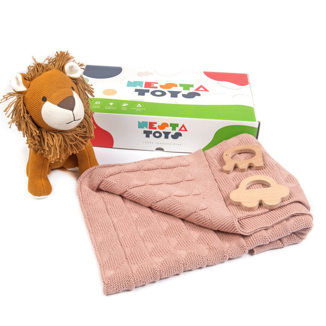 Nesta Toys Newborn Gift Set - Knitted Cotton Blanket, Lion Plush Toy, Elephant & Car Teether Hover Image