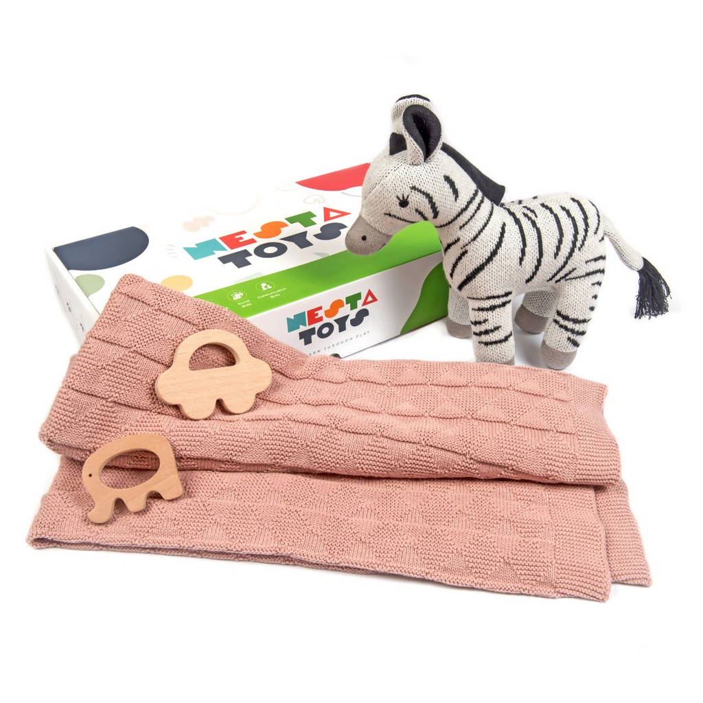 Nesta Toys Newborn Gift Set - Knitted Cotton Blanket, Zebra Plush Toy, Elephant & Car Teether