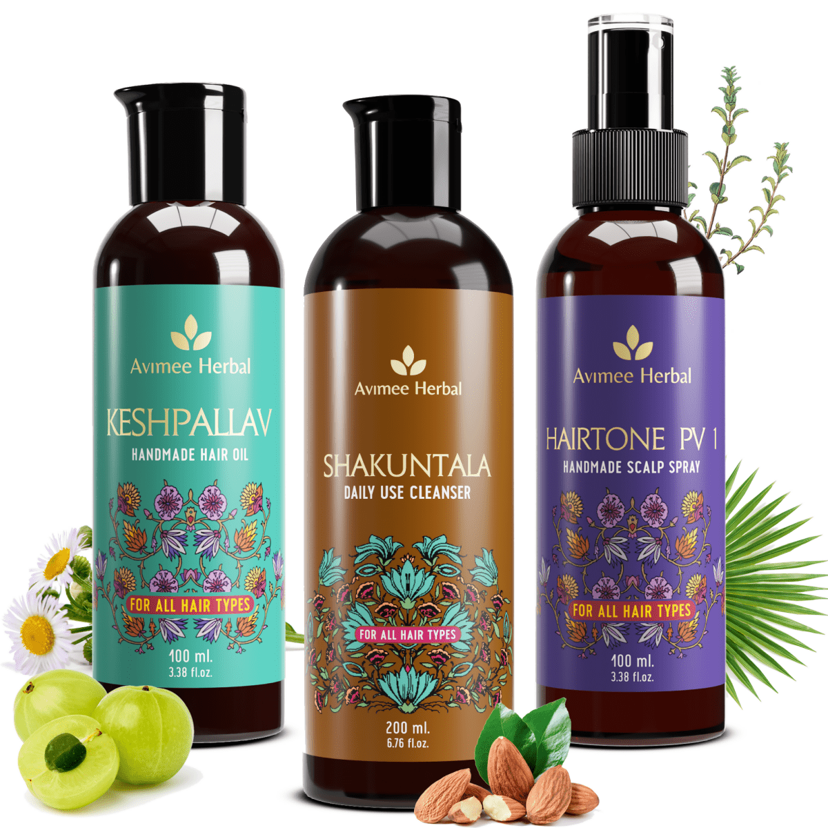 Avimee Herbal Anti Hairfall Kit - Oil, Cleanser and Scalp Spray, Controls Hair Fall and Strengthens Hair Root, With Rosemary, Amla, Methi & Bhringraj