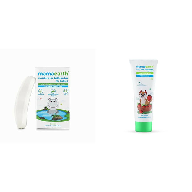 Mamaearth Moisturizing Baby Bathing Soap Bar & Natural Berry Blast Kids Toothpaste Hover Image