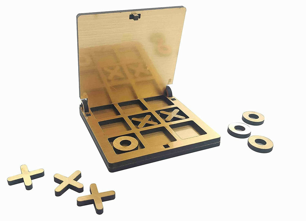 Kraftsman Wooden Tic Tac Toe Portable Game for Kids, Teens and Adults with Golden Mirror Shade Strategy & War Games Board Game