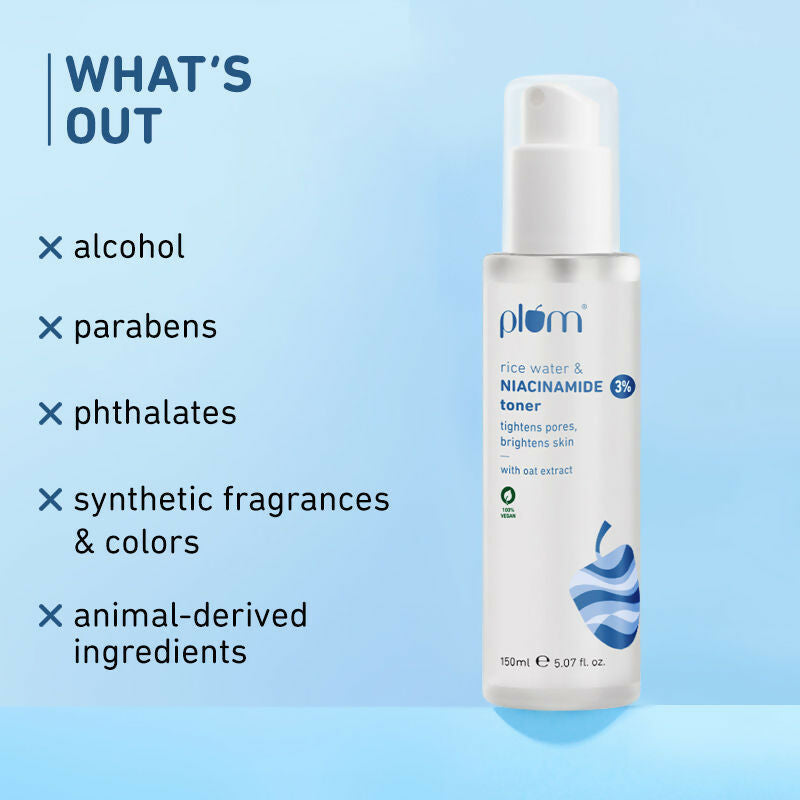 Plum 3% Niacinamide & Rice Water Face Toner - Reduces Pores & Blemishes For Bright Skin