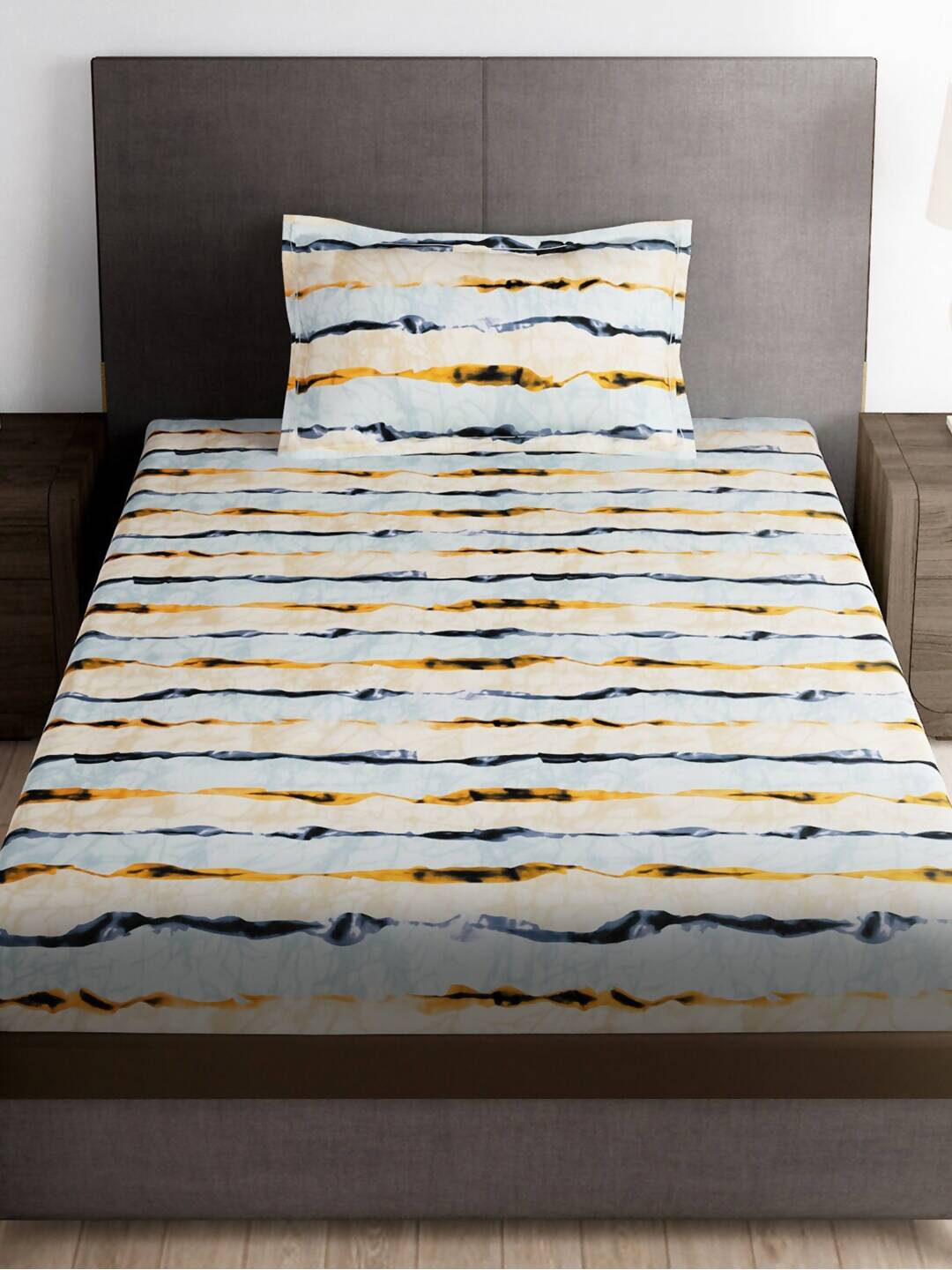 Story@home Arena Cream-Coloured & Grey Printed 180 TC Bedsheet & Pillow Covers