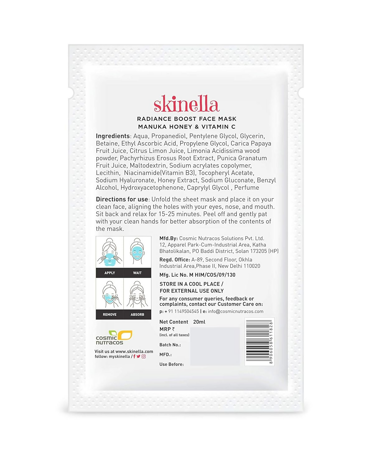 Skinella Radiance Boost Face Sheet Mask - Manuka Honey & Vitamin C